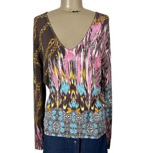 Metric Psychedelic Kaleidoscope Colorful Knit V-Neck Blouse Sz XL Beaded